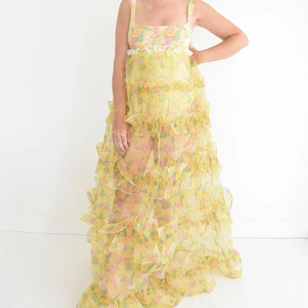 For Love & Lemons Vicki Sheer Tiered Yellow Lace Ruffle Maxi Dress M - Picture 1 of 13